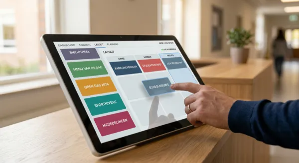 Receptiemedewerker die eenvoudig content beheert op een tablet