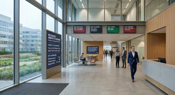 Collega's overleggen bij een presentatiescherm op kantoor