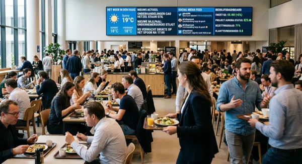 Mensen bekijken live nieuwsinformatie op groot scherm