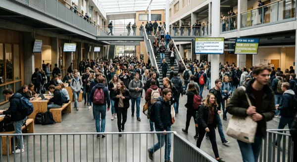 Studenten lopen door een schoolgang met mededelingenborden